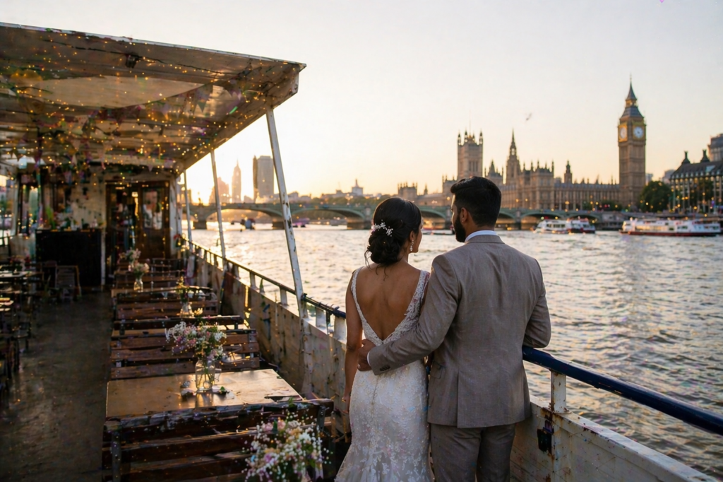 Couple Standing on a Boat in London Looking out over the River Thames at Sunset.