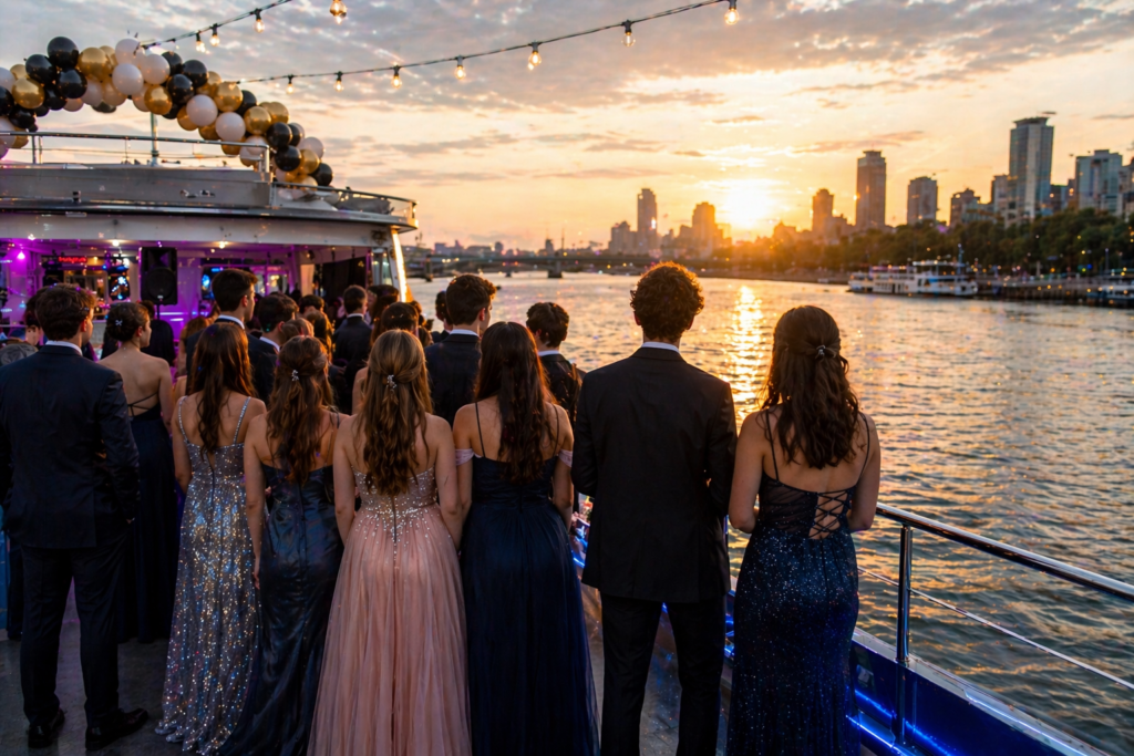 Prom Students Standing on a Party Boat in London at Sunset, Overlooking the River Thames During a School Prom Celebration.