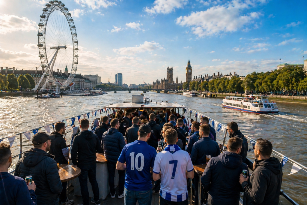 Football Fans Travelling by Boat on the River Thames Passing Tower Bridge in London