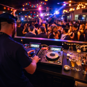 DJ playing electronic music at a crowded nightclub, spinning on turntables with colorful lights and a lively dance floor behind him