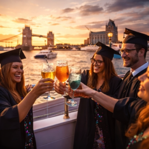 Group of graduates in caps and gowns toasting with colorful drinks on a boat at sunset, with Tower Bridge in the background.