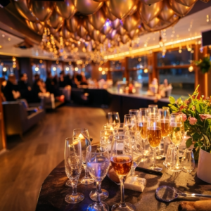 Champagne flutes and glassware arranged on a table at a warmly lit celebration, with guests in the background.