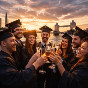 Group of graduates in gowns toasting with champagne against a sunset on the river, with Tower Bridge in the background.